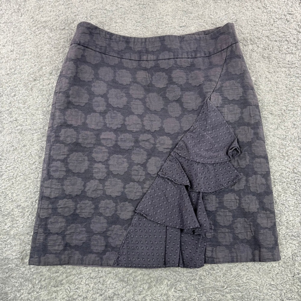 Odille Anthropologie Grey Floral Jacquard Ruffle Mini Skirt Womens Size 4 Cotton